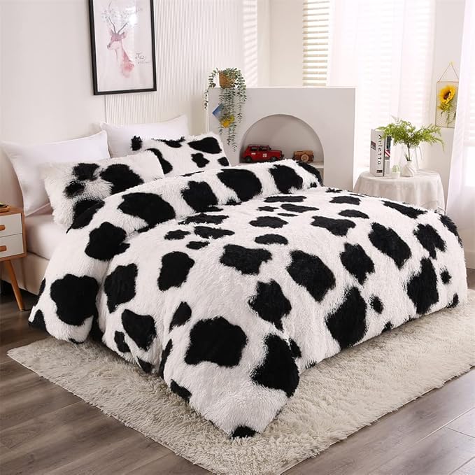 Faux Fur Kids Girls Cow Print Comforter Sets Queen - 3PC Bed Set Warm Comfortable Soft Plush Flannel Velvet Fluffy Fuzzy Bedding（Comforter x 1 Pillowcases x 2） - LeafyLoom