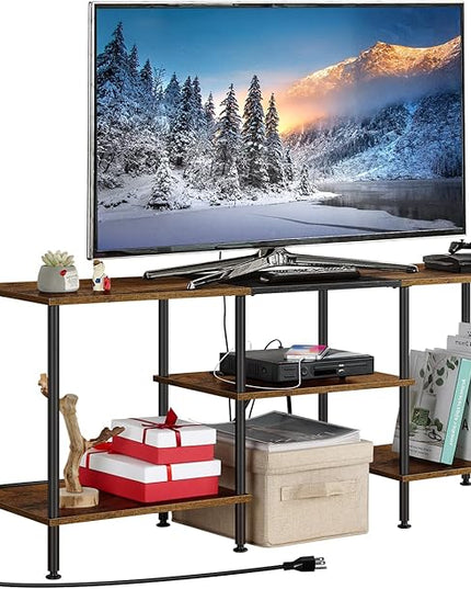 OYEAL Small TV Stand for Living Room up to 50 inch Farmhouse TV Media Entertainment Center with Power Outlets & Storage Shelf 45'' TV Cabinet Console Table for Bedroom, Rustic Brown - LeafyLoom