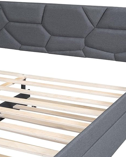 Queen Size Upholstered Platform Bed with Brick Pattern Headboard and Twin XL Size Trundle,Bedroom Bed Frame w/Linen Fabric,Wooden Slats Supproted,for Teens Kids Adults,Gray - LeafyLoom