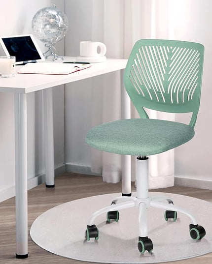 Desk Chair Armless, Kids Office Chair Compact Rolling Fabric Seating Cushion and Plastic Low-Back, Height Adjustable Small Study Computer Task Chair for Student Children Teens with Wheels, Aqua - LeafyLoom