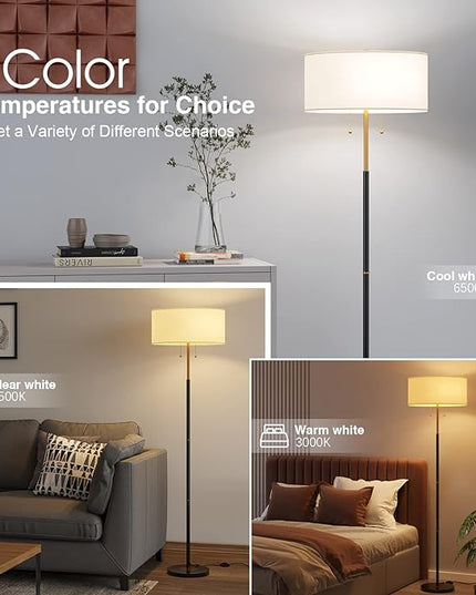 2-Light Floor Lamp, Mid Century Floor Lamp with White Fabric Shade, Standing Lamp Tall Lamp for Living Room Bedroom, 3 Color Temperatures 9W Bulb Include - LeafyLoom