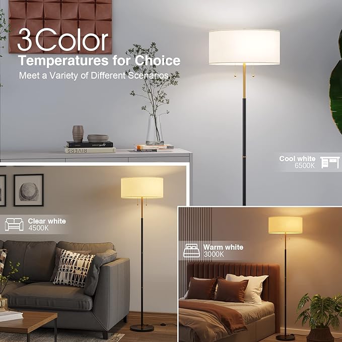 2-Light Floor Lamp, Mid Century Floor Lamp with White Fabric Shade, Standing Lamp Tall Lamp for Living Room Bedroom, 3 Color Temperatures 9W Bulb Include - LeafyLoom