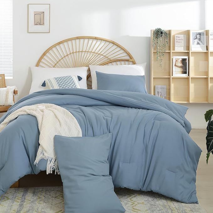 Dusty Blue Comforter Set Twin Boho Grayish Blue Twin Comforter with 1 Pillowcases - Soft Lightweight Cozy Bedding Set for All Season - Beige Comforter Twin Size for Women Teens Kids - LeafyLoom