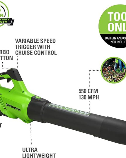 Greenworks 40V (130 MPH / 550 CFM / 75+ Compatible Tools) Cordless Brushless Axial Leaf Blower, Tool Only - LeafyLoom
