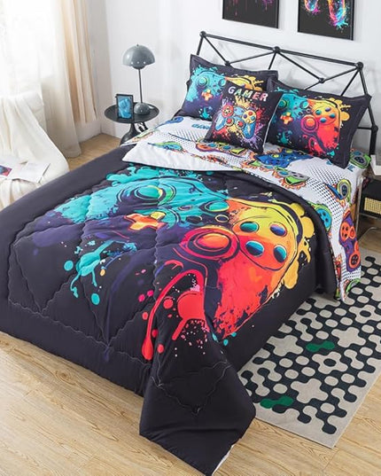 ADASMILE A & S Gamer Comforter Sets for Boys Teens 6 Pieces Gaming Bedding Set Twin Size Colorful Video Game Gaming Comforter for Kids Gamer Bed in A Bag Comforter with Gamer Sheets Home Decor - LeafyLoom