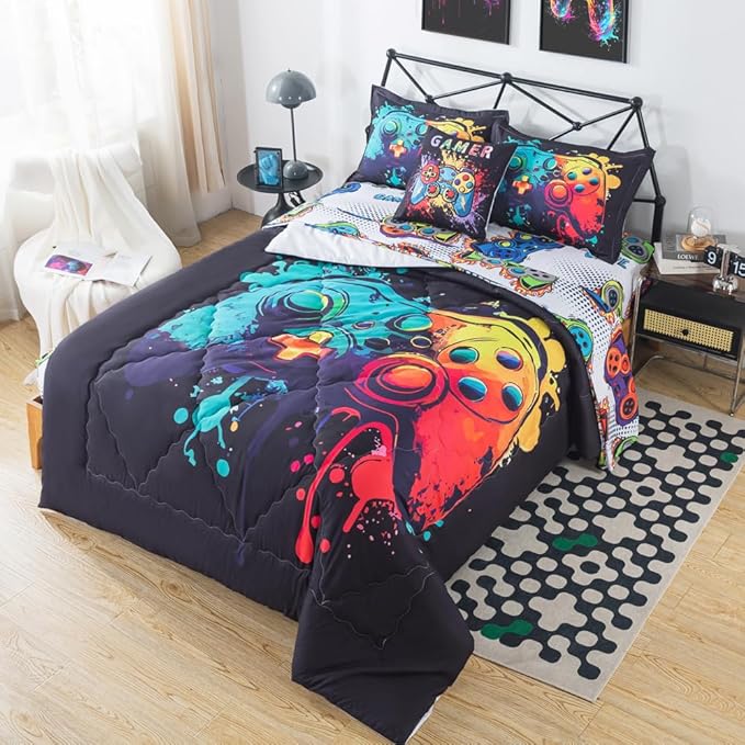 ADASMILE A & S Gamer Comforter Sets for Boys Teens 6 Pieces Gaming Bedding Set Twin Size Colorful Video Game Gaming Comforter for Kids Gamer Bed in A Bag Comforter with Gamer Sheets Home Decor - LeafyLoom
