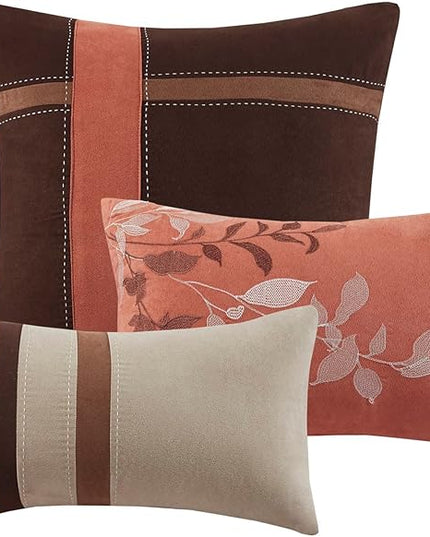 Madison Park Palisades Comforter Set Modern Faux Suede Pieced Stripe Design, All Season Down Alternative Cozy Bedding with Matching Shams, Decorative Pillows, Cal King(104"x92"), Coral 7 Piece - LeafyLoom