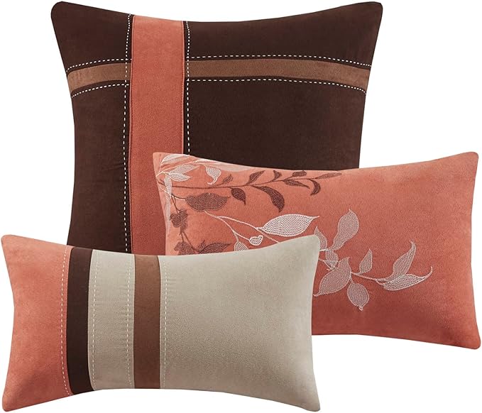 Madison Park Palisades Comforter Set Modern Faux Suede Pieced Stripe Design, All Season Down Alternative Cozy Bedding with Matching Shams, Decorative Pillows, Cal King(104"x92"), Coral 7 Piece - LeafyLoom
