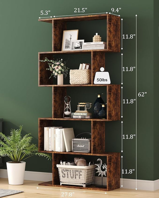 Yusong Bookshelf 5-Tier, Geometric Bookcase S Shaped Book Shelves for Bedroom, Modern Industrial Wood Decorative Display Shelf Book Case for Home Office, Rustic Brown - LeafyLoom
