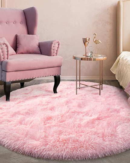 Pink Round Rug for Bedroom, Super Fluffy Circle Rugs for Baby Nursery, 4'X4' Feet Furry Carpet for Children Kids Room, Cute Soft Shaggy Rug for Girls Home Decor, Fuzzy Plush Carpets for Dorm - LeafyLoom