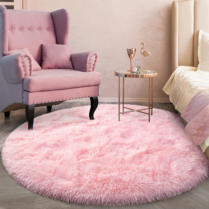 Pink Round Rug for Bedroom, Super Fluffy Circle Rugs for Baby Nursery, 4'X4' Feet Furry Carpet for Children Kids Room, Cute Soft Shaggy Rug for Girls Home Decor, Fuzzy Plush Carpets for Dorm - LeafyLoom