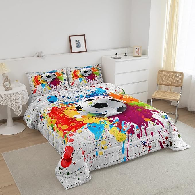 Football Bedding Set Rugby Sports Comforter Set Soccer Ball Game Comforter for Boys Girls Children Teens Bedroom Decor Gift for Football Lover Duvet Set Full Size with 2 Pillow Case - LeafyLoom