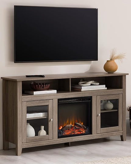 Walker Edison Glenwood Rustic Farmhouse Glass Door Highboy Fireplace TV Stand for TVs up to 65 Inches, 58 Inch, Driftwood - LeafyLoom