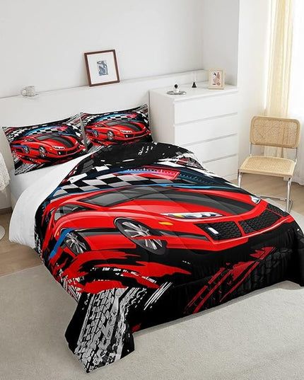 Car Bedding Set for Boys Queen Size Racing Sports Car Comforter Kids Extreme Sports Theme Comforter Set Girls Children Bedroom Teens Cool Speed Automobile Decor Bed Duvet Set Soft Lightweight - LeafyLoom