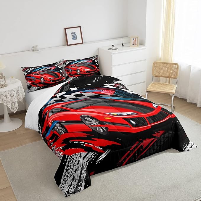 Car Bedding Set for Boys Queen Size Racing Sports Car Comforter Kids Extreme Sports Theme Comforter Set Girls Children Bedroom Teens Cool Speed Automobile Decor Bed Duvet Set Soft Lightweight - LeafyLoom