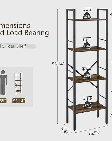 Tajsoon 4 Tier Bookshelf Industrial Ladder Shelf, Tall Skinny Bookshelf with Wood, Freestanding Thin Bookshelf for Home Office, Living Room, Bedroom, Metal Frame, Rustic Brown - LeafyLoom