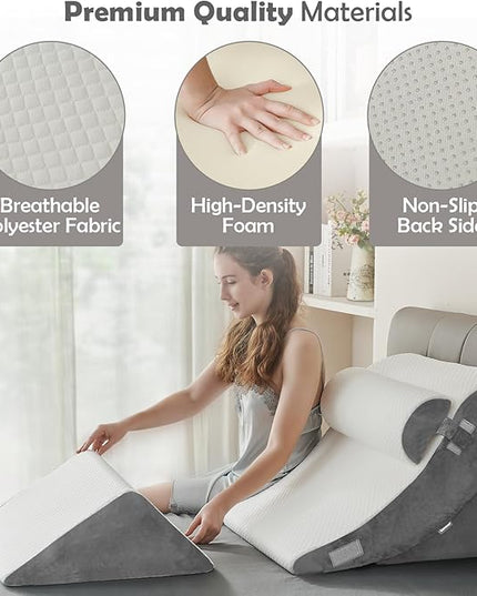 4PCS Orthopedic Bed Wedge Pillow Set – Post Surgery, Relaxing, Back & Adjustable Head Support Cushion – Triangle Memory Foam Pillow for Acid Reflux, Sleeping, Reading, Leg Elevation (White Grey) - LeafyLoom