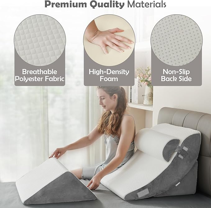 4PCS Orthopedic Bed Wedge Pillow Set – Post Surgery, Relaxing, Back & Adjustable Head Support Cushion – Triangle Memory Foam Pillow for Acid Reflux, Sleeping, Reading, Leg Elevation (White Grey) - LeafyLoom