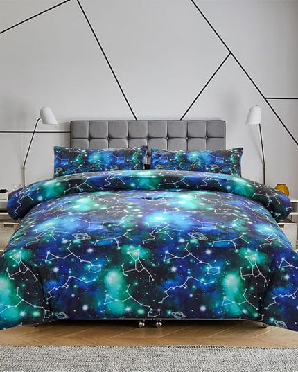 Holawakaka Tie Dye Constellation Print Ombre Comforter Set Twin Size Girls Boys Gradient Galaxy Bedding Set (Black Green,Twin) - LeafyLoom