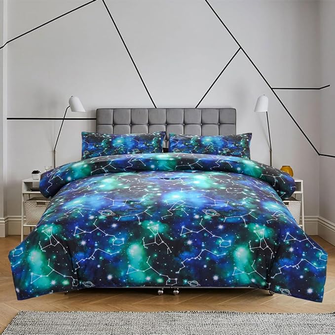 Holawakaka Tie Dye Constellation Print Ombre Comforter Set Twin Size Girls Boys Gradient Galaxy Bedding Set (Black Green,Twin) - LeafyLoom