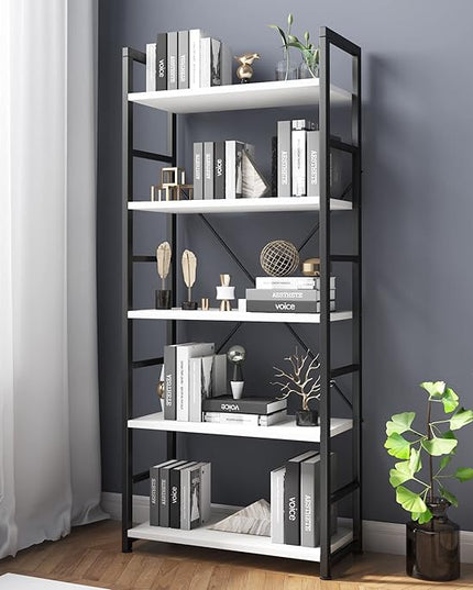 VERMESS Industrial Bookshelf, 5-Tier 24inch White Shelving Unit Wood Bookcase with Open Shelves, Rustic Standing Bookshelves Metal Frame Display Rack for Living Room,Bedroom, 24 * 11.8 * 63 inch - LeafyLoom