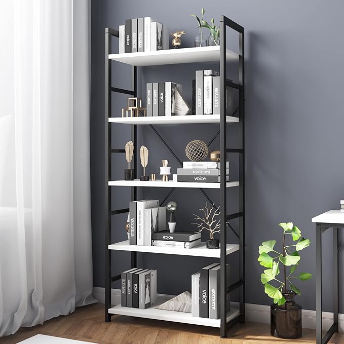 VERMESS Industrial Bookshelf, 5-Tier 24inch White Shelving Unit Wood Bookcase with Open Shelves, Rustic Standing Bookshelves Metal Frame Display Rack for Living Room,Bedroom, 24 * 11.8 * 63 inch - LeafyLoom