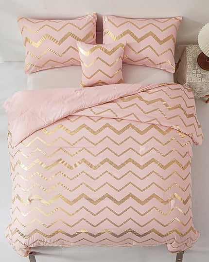 Pink Comforter Set Twin Size, Metallic Blush and Rose Gold Bedding Set, 3 Piece Lightweight Microfiber Comforter for Teen Girls Women (1 Pillow Sham + 1 Decorative Pillow Sham) - LeafyLoom