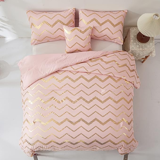 Pink Comforter Set Twin Size, Metallic Blush and Rose Gold Bedding Set, 3 Piece Lightweight Microfiber Comforter for Teen Girls Women (1 Pillow Sham + 1 Decorative Pillow Sham) - LeafyLoom