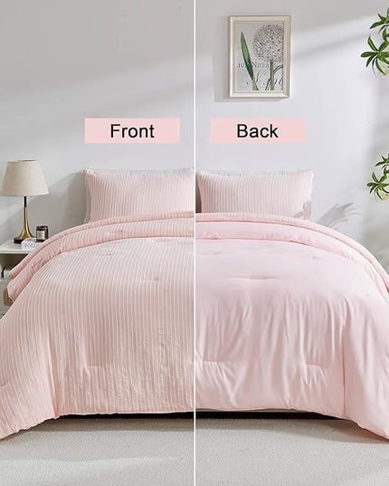 ENCOFT White and Pink Queen Size Comforter, 3 Pieces Textured Boho Striped Comforter for Queen Size Bed, Soft Microfiber All Seasons Girls Comforter Queen 90x90 Inches - LeafyLoom