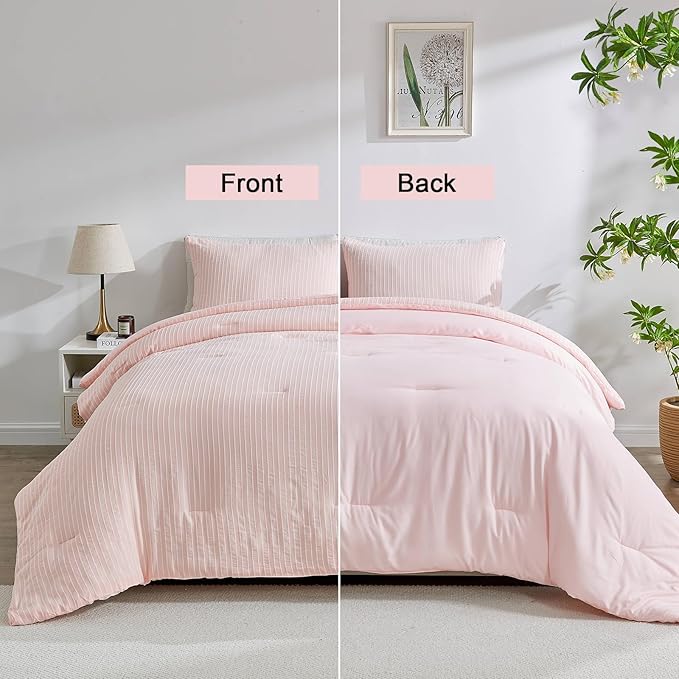 ENCOFT White and Pink Queen Size Comforter, 3 Pieces Textured Boho Striped Comforter for Queen Size Bed, Soft Microfiber All Seasons Girls Comforter Queen 90x90 Inches - LeafyLoom
