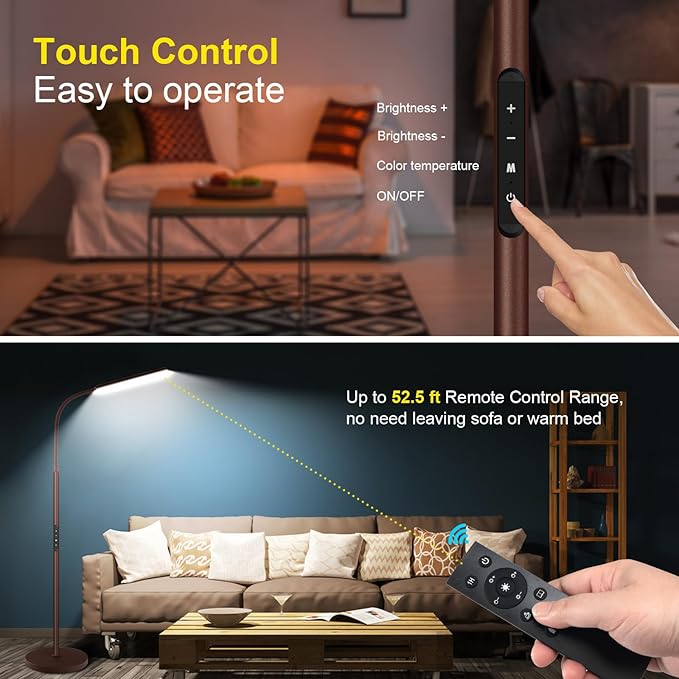 Dimunt LED Floor Lamp, Bright 15W Floor Lamps for Living Room, Adjustable 3000K-6000K & Brightness Standing Lamp with Remote & Touch Control, Reading Floor Lamps with 1H Timer for Home Office-Brown - LeafyLoom