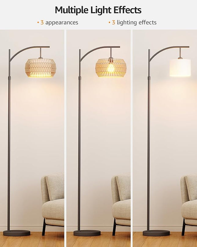 Boho Arc Rattan Floor Lamp with Remote Control - Tall Standing Lamp for Living Room, Mid Century Farmhouse Floor Lamp, Adjustable Height and 360° Rotation for Bedroom, Study Room - LeafyLoom