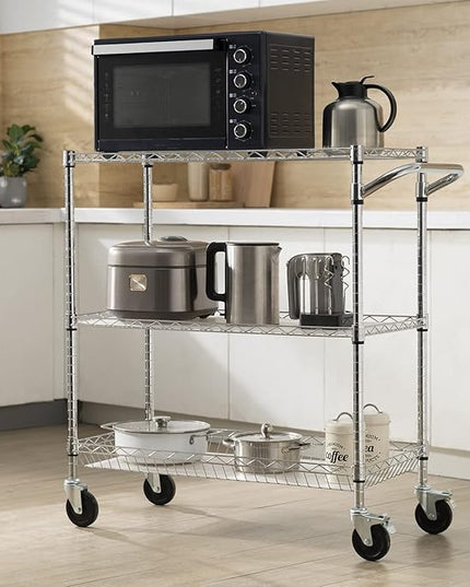 VEVOR Kitchen Utility Cart, 3 Tiers, Wire Rolling Cart with 661 LBS Capacity, Steel Service Cart on Wheels, Metal Storage Trolley with 80 mm Deep Basket Curved Handle PP Liner 6 Hooks, NSF Listed - LeafyLoom