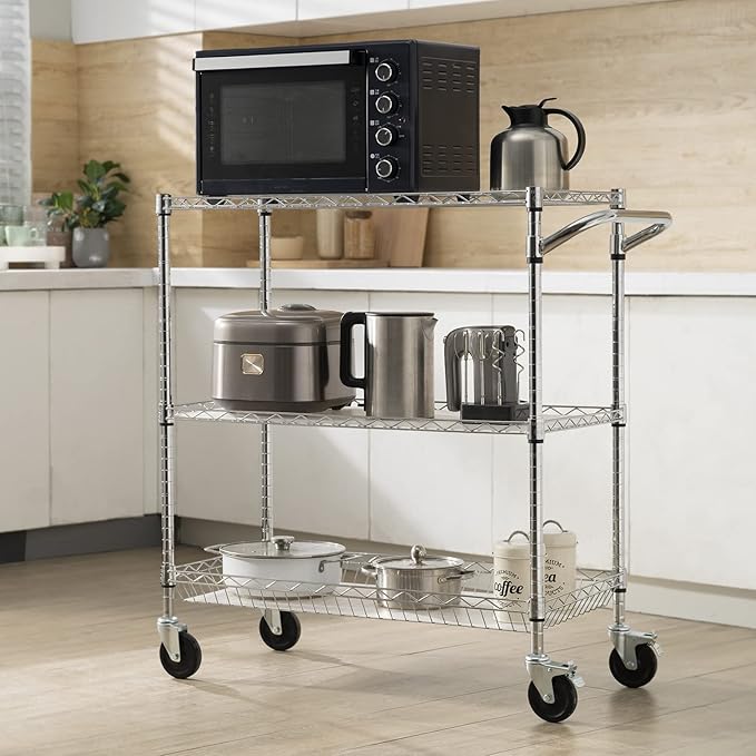 VEVOR Kitchen Utility Cart, 3 Tiers, Wire Rolling Cart with 661 LBS Capacity, Steel Service Cart on Wheels, Metal Storage Trolley with 80 mm Deep Basket Curved Handle PP Liner 6 Hooks, NSF Listed - LeafyLoom