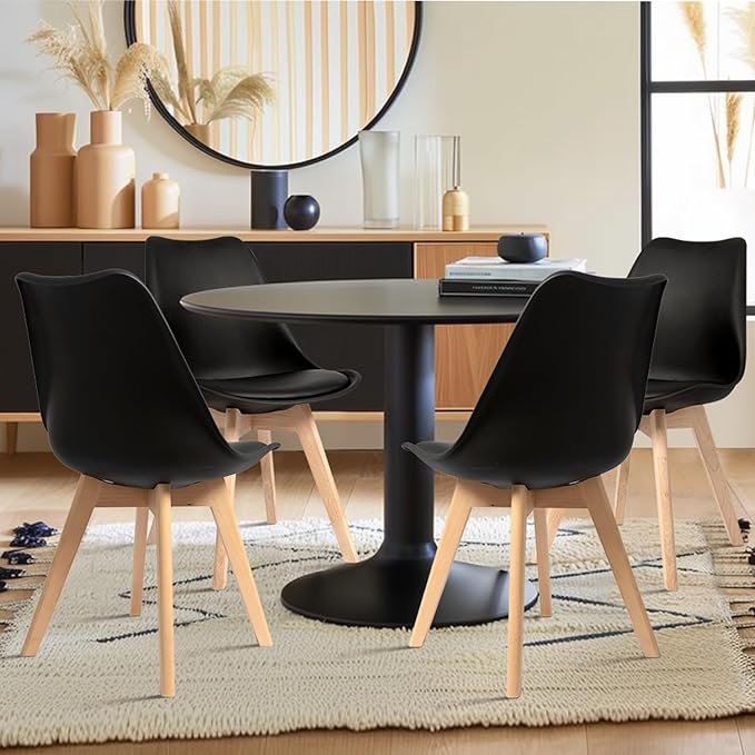 CangLong Side Chair Mid Century Modern Dining Chair with Wood Legs for Kitchen, Living,Dining Room, Set of 4, Black - LeafyLoom