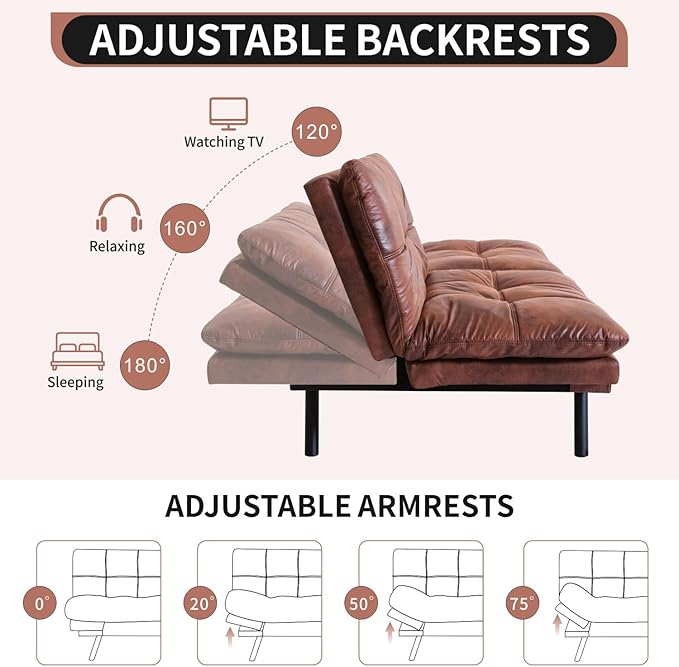 MUUEGM Futon Sofa Bed Convertible Memory Foam Sleeper Couch,Modern Faux Leather Loveseat for Living Room,Small Compact Space,Dorm,Office,Adjustable Armrests Backrest Sofabed, Dark Brown - LeafyLoom