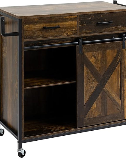 HOMCOM Industrial Kitchen Cart, Rolling Kitchen Island with Adjustable Shelf, Two Drawers, Sliding Barn Door Cabinet and Towel Rack, Rustic Brown - LeafyLoom