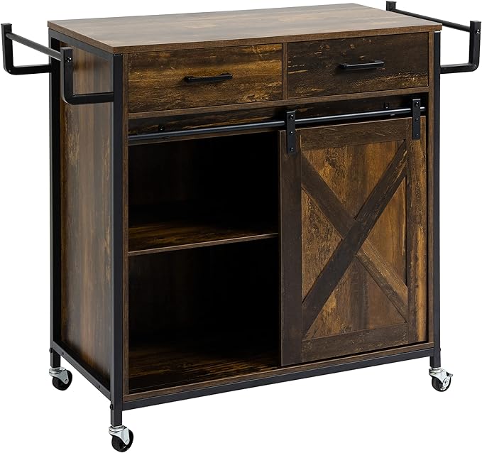 HOMCOM Industrial Kitchen Cart, Rolling Kitchen Island with Adjustable Shelf, Two Drawers, Sliding Barn Door Cabinet and Towel Rack, Rustic Brown - LeafyLoom