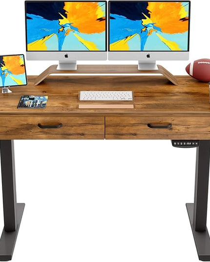 BANTI 55'' Adjustable Height Electric Standing Desk with Double Drawer, Stand Up Home Office Desk with Splice Tabletop, Rustic Brown - LeafyLoom