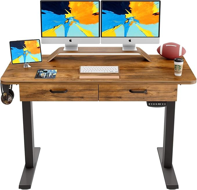 BANTI 55'' Adjustable Height Electric Standing Desk with Double Drawer, Stand Up Home Office Desk with Splice Tabletop, Rustic Brown - LeafyLoom