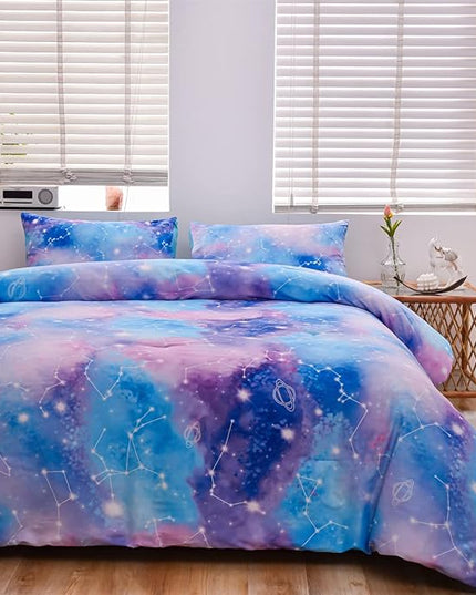 Holawakaka Tie Dye Constellation Print Ombre Comforter Set Queen Size Boys Girls Gradient Galaxy Bedding Set (Blue Purple, Queen) - LeafyLoom