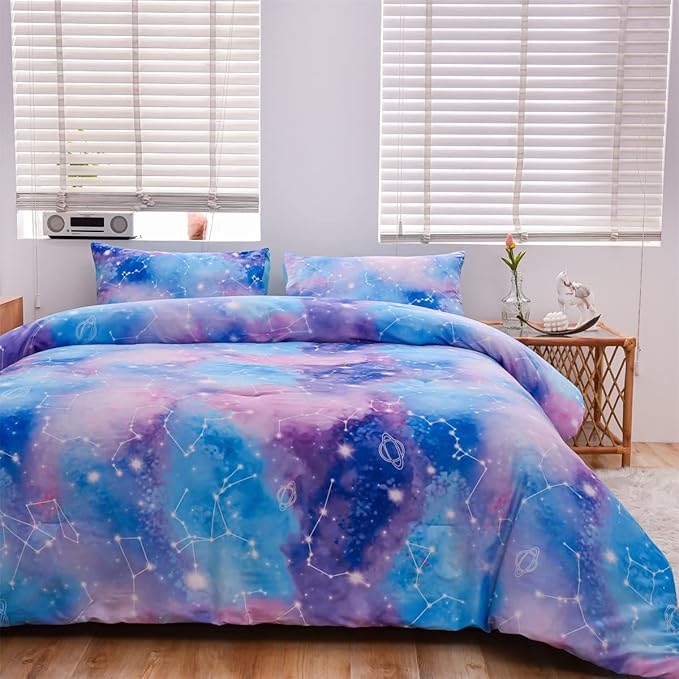 Holawakaka Tie Dye Constellation Print Ombre Comforter Set Queen Size Boys Girls Gradient Galaxy Bedding Set (Blue Purple, Queen) - LeafyLoom