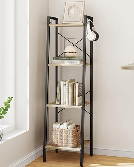 Ladder Shelf, Bookshelf Bookcase, Freestanding Corner Storage Shelve with 2 Hooks for Home Office, Living Room, Kitchen, Bedroom, Industrial, 4-Tier Greige BC13205B - LeafyLoom