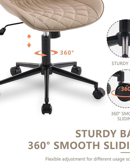 YOUNIKE Armless Office Chair Leather Desk Chair with Wheels Swivel Rolling Task Chair with Back Upholstered Computer Chair Height Adjustable Modern Ergonomic Wide Seat Khaki - LeafyLoom