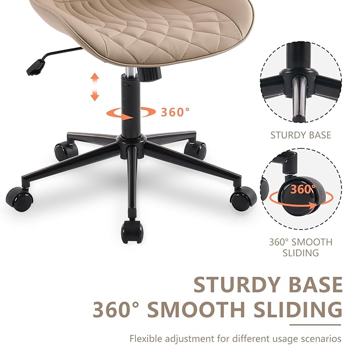 YOUNIKE Armless Office Chair Leather Desk Chair with Wheels Swivel Rolling Task Chair with Back Upholstered Computer Chair Height Adjustable Modern Ergonomic Wide Seat Khaki - LeafyLoom