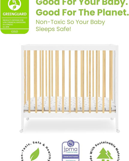 Delta Children Mia Portable Folding Mini Crib with 1.5-Inch Mattress - Greenguard Gold Certified, Bianca White/Natural - LeafyLoom