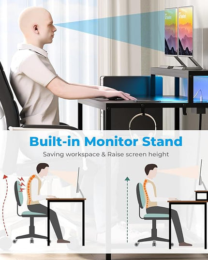 GreenForest Small Desk for Bedroom, 39.4 inch Computer Desk with 2 Drawers, Gaming Desk with LED Light and Power Outlet, Reversible Office Desk with Monitor Stand, Desk for Small Spaces, Black - LeafyLoom