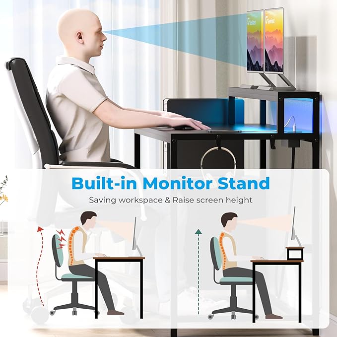 GreenForest Small Desk for Bedroom, 39.4 inch Computer Desk with 2 Drawers, Gaming Desk with LED Light and Power Outlet, Reversible Office Desk with Monitor Stand, Desk for Small Spaces, Black - LeafyLoom