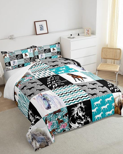 Horse Bedding,Western Farmhouse Horse Comforter Set For Girls Twin Bed,Boho Arrow Teal Zebra Stripe Comforter For Kids Boys Women,Rose Flower Rustic Cowboy Quilt Duvet sets 1 Pillowcases Black White - LeafyLoom