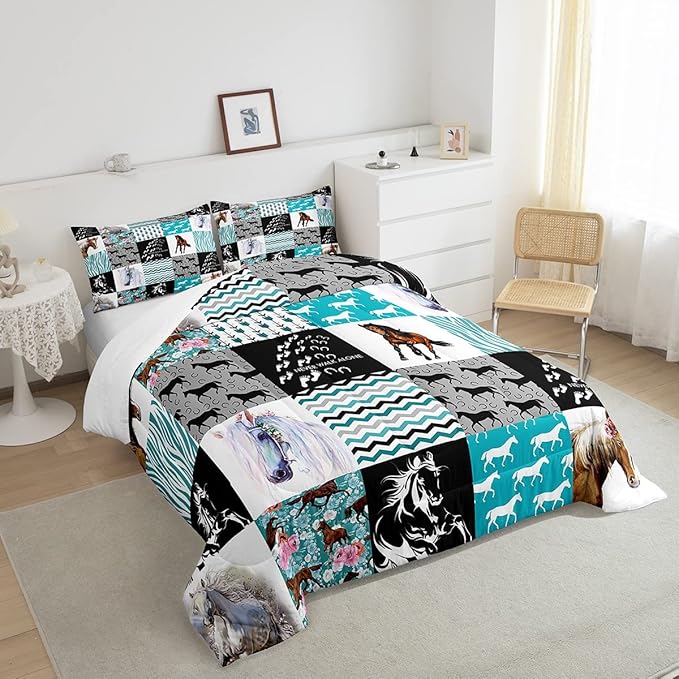 Horse Bedding,Western Farmhouse Horse Comforter Set For Girls Twin Bed,Boho Arrow Teal Zebra Stripe Comforter For Kids Boys Women,Rose Flower Rustic Cowboy Quilt Duvet sets 1 Pillowcases Black White - LeafyLoom